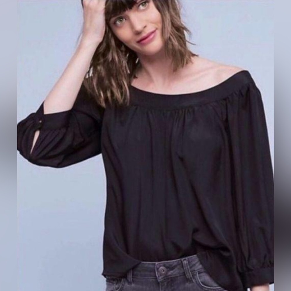 Anthropologie Maeve Yanna Wide Scoop Neck Puff Sleeve Satin Top SZ L Black